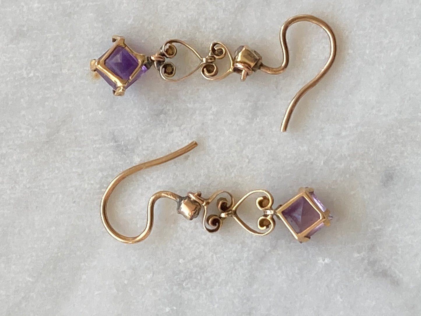 Antique Amethyst and Diamond Drop 9k Yellow Gold Earrings