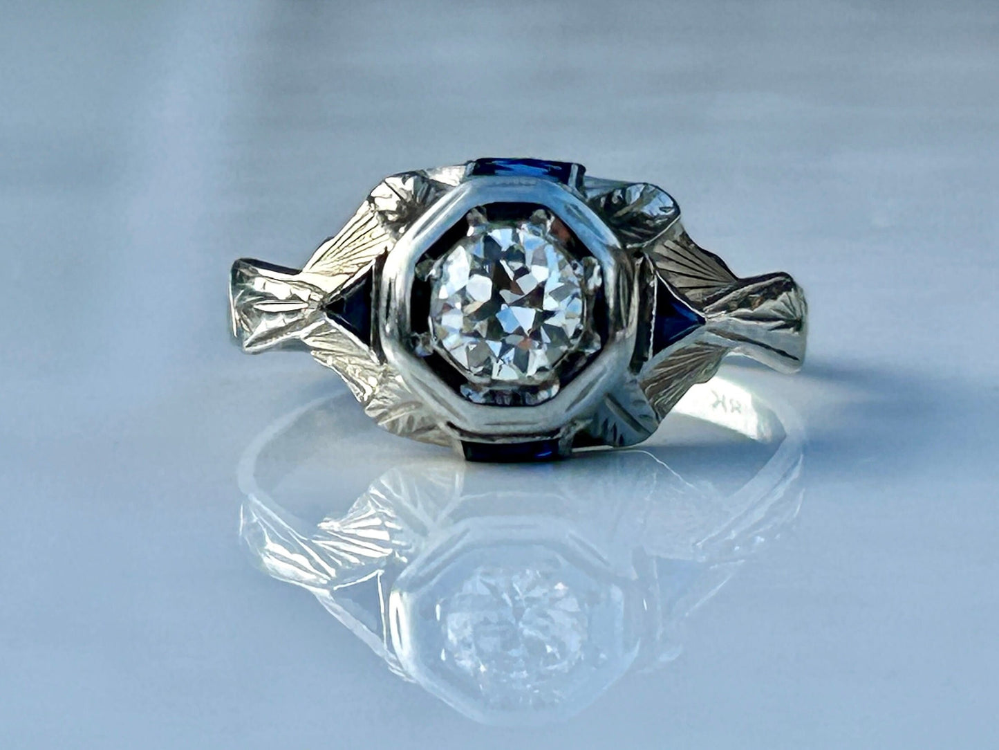 Art Deco .45 Diamond and Sapphire 18k White Gold Engagement Ring