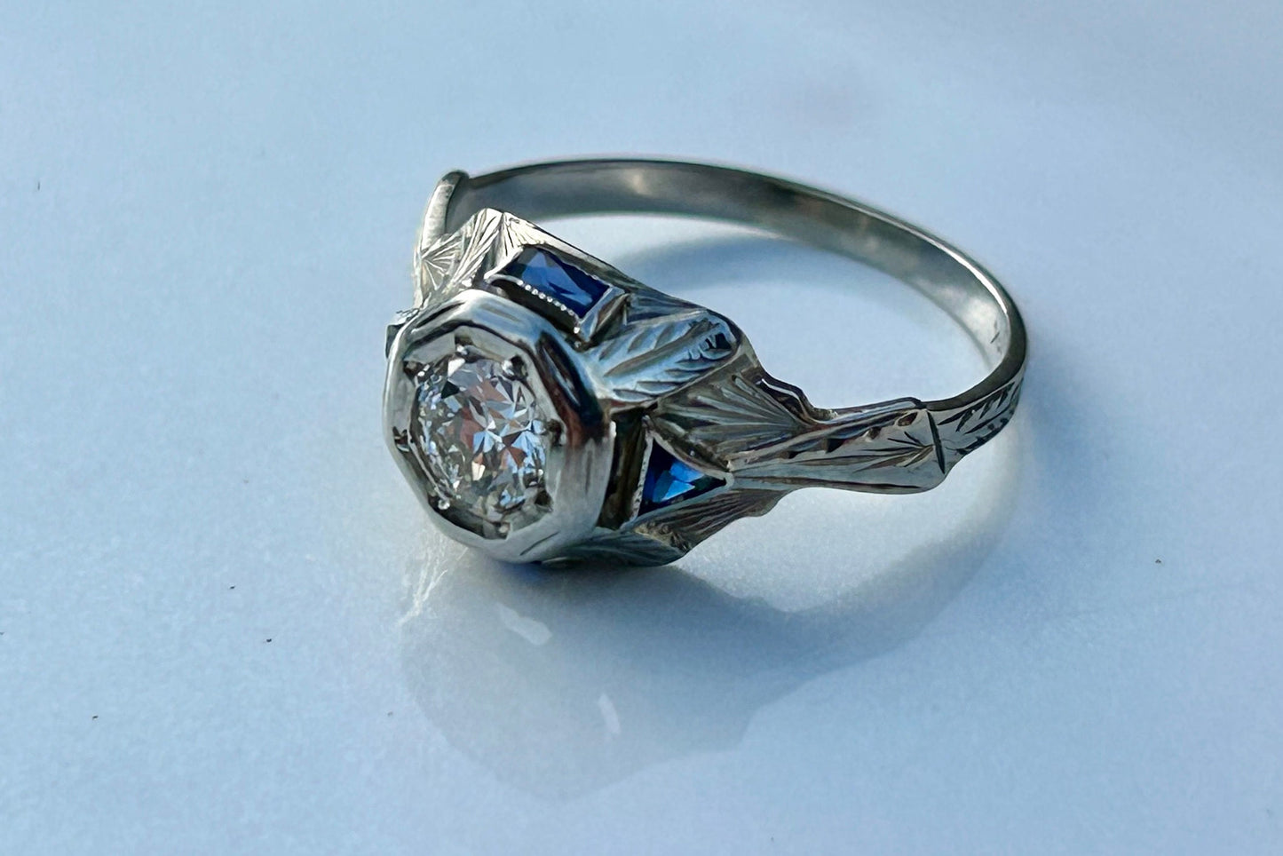 Art Deco .45 Diamond and Sapphire 18k White Gold Engagement Ring