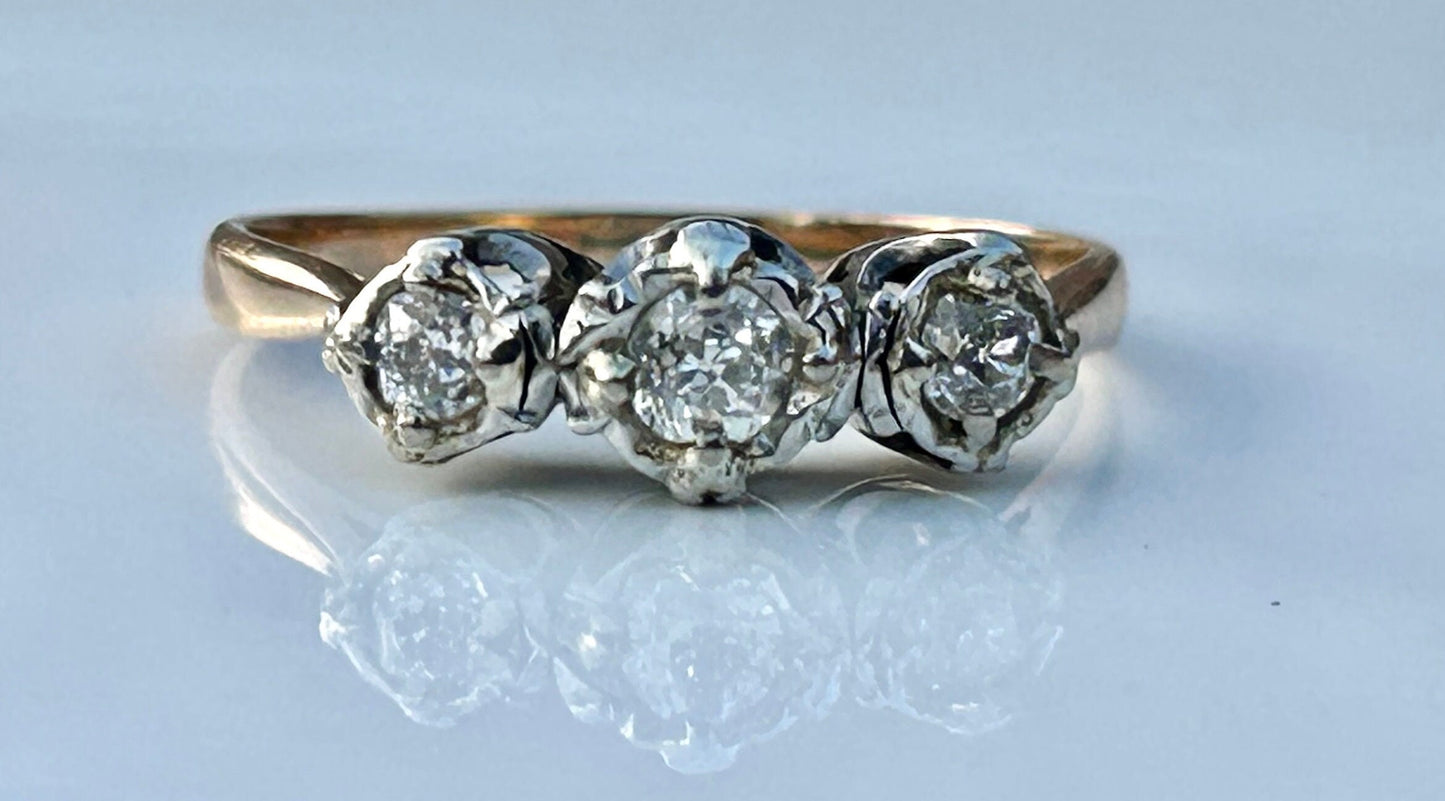 Antique Old European Cut Diamond Trilogy 18k Yellow Gold and Platinum Engagement Ring