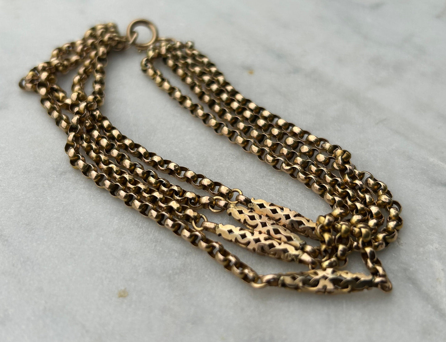 Antique Rolo Chain Fancy Bead 4 Strand Bracelet 9k Gold.