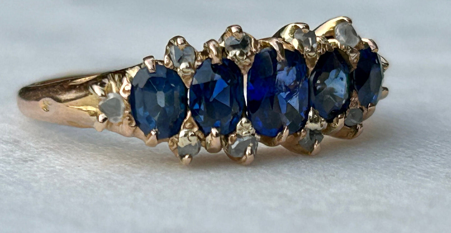 Five Sapphire No Heat Hand Cut stones and Eight Rose Cut bright White Diamonds in 18ct Rose Gold Ring