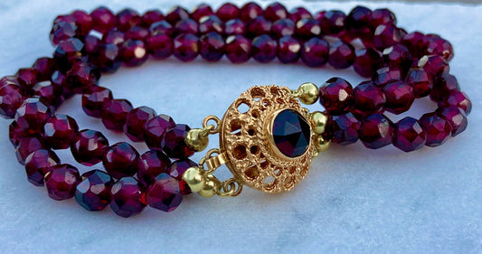 Antique Victorian three strand Rose Cut Garnet Bracelet with 15k Gold closure.