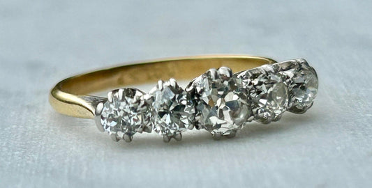 Antique Edwardian 1.65 carat  Five Stone Old Mine Cut Diamond Ring