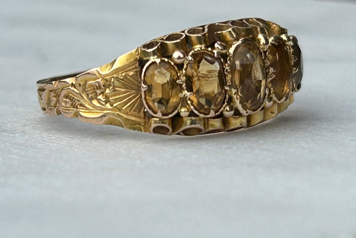 SOLD…Antique 5 Stone Citrine Set 15ct Yellow Gold Ring. Engraved shank.