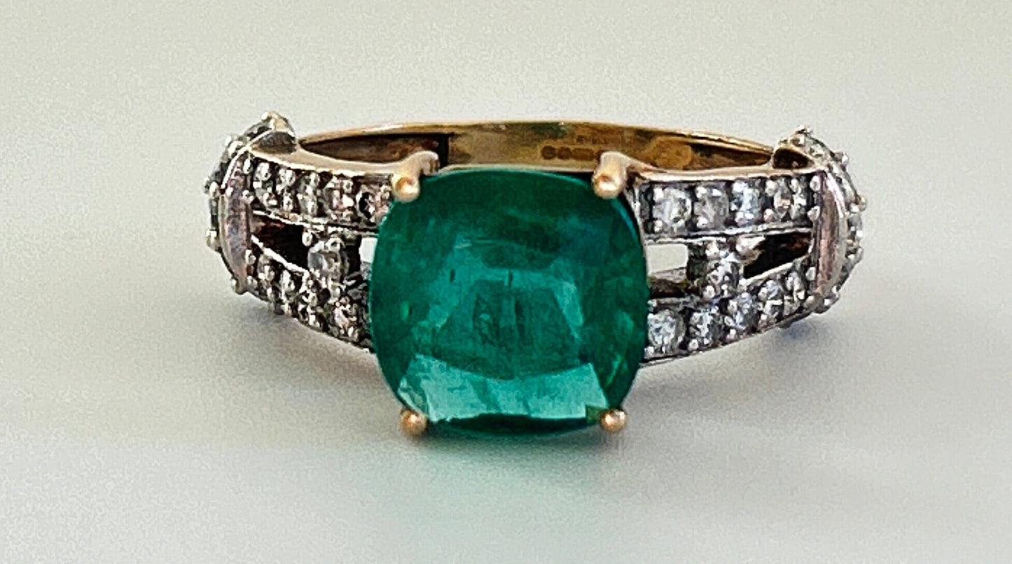 2.5 Ct Cushion Cut Natural Emerald and .50 ctw Diamond Ring