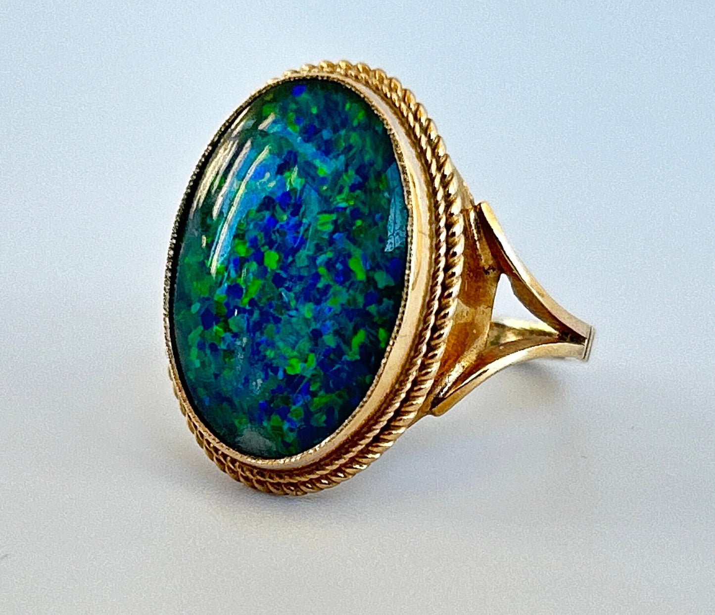 Antique Large Opal Triplet 9kt Gold Rope Frame Ring