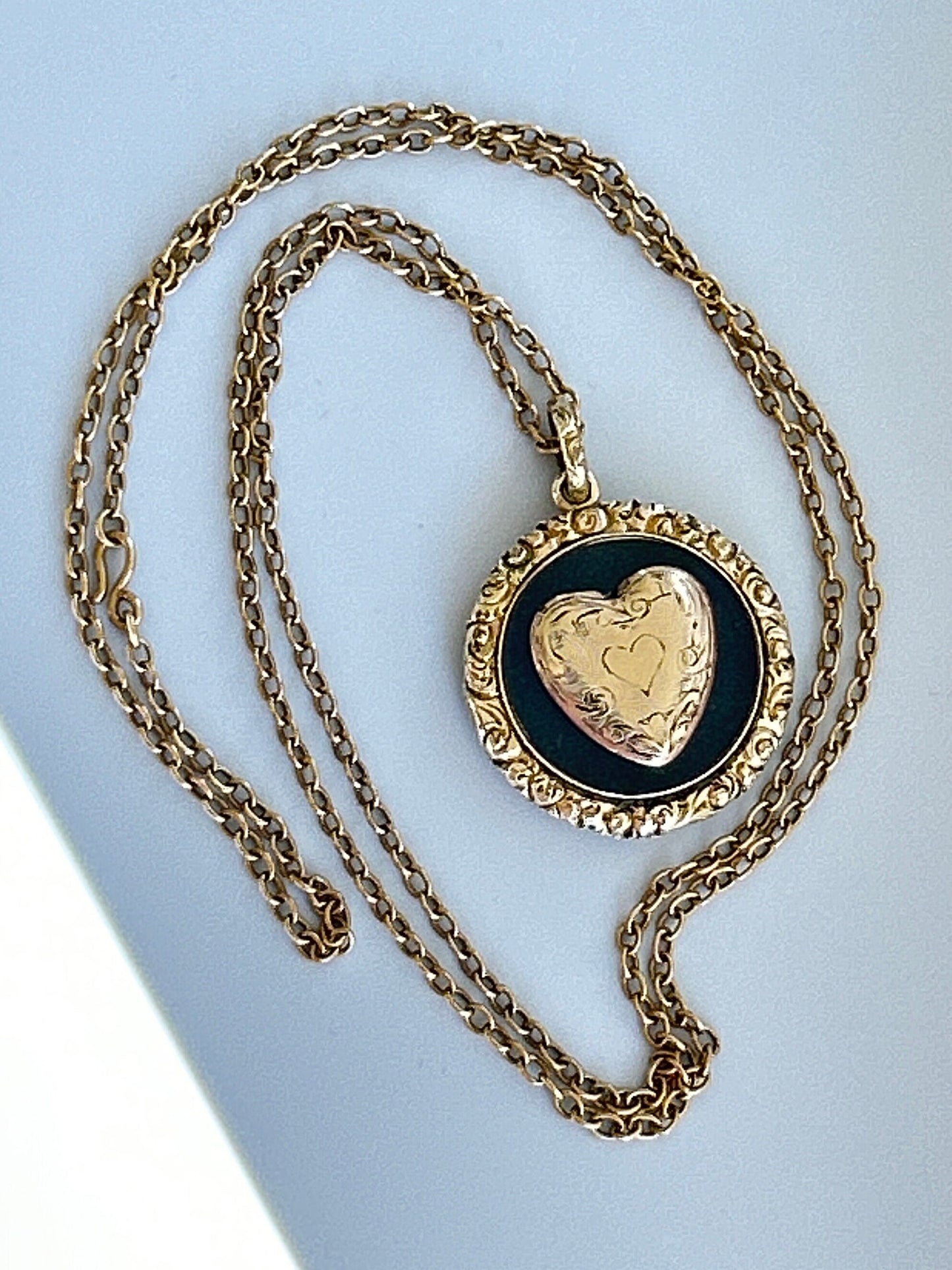 Antique 14k Gold Victorian Mourning Necklace with a heart motif.