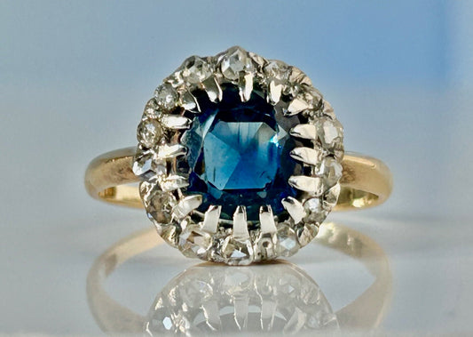 Antique Victorian 2.29 Carat Ceylon Sapphire and Rose Cut Diamond Ring 18k Gold