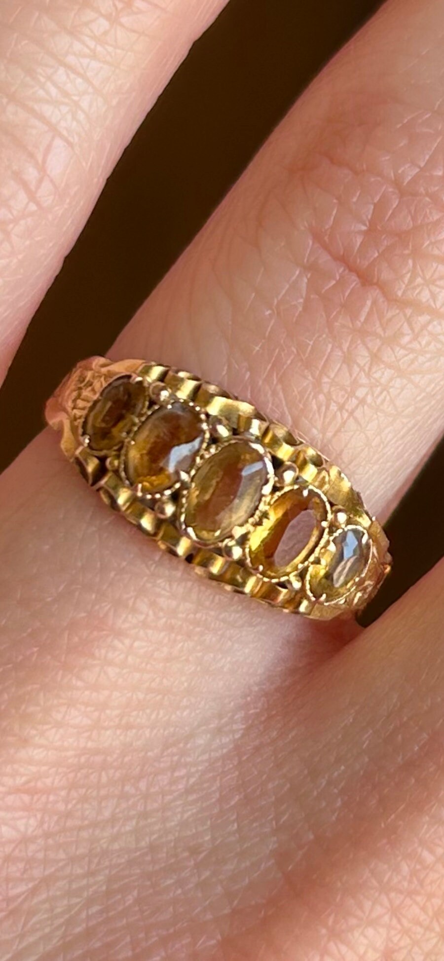 SOLD…Antique 5 Stone Citrine Set 15ct Yellow Gold Ring. Engraved shank.