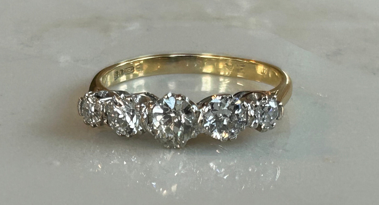 Five Stone 1.1 ctw Old European Cut 18k Yellow Gold Ring