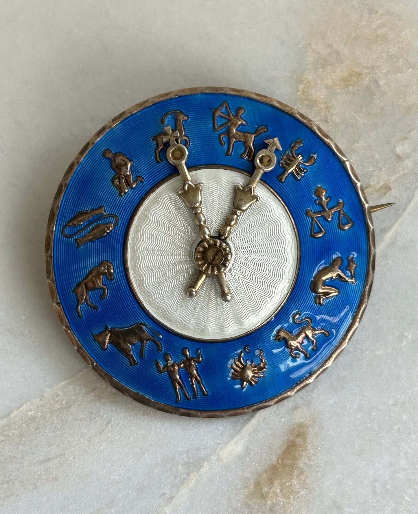 Hans Myhre, Norway, silver, blue and white Enamel Zodiac brooch,: length ca 4.5cm, total weight ca.