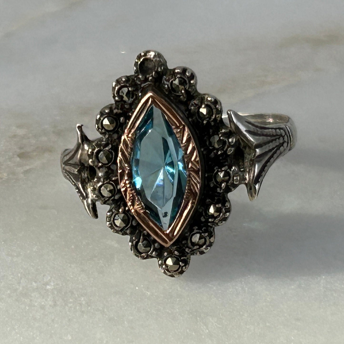 Antique Santa Maria Aquamarine Marquise 14k Gold Ring