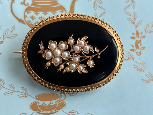 Antique Victorian Onyx and Seed Pearl Mourning brooch 9k Gold