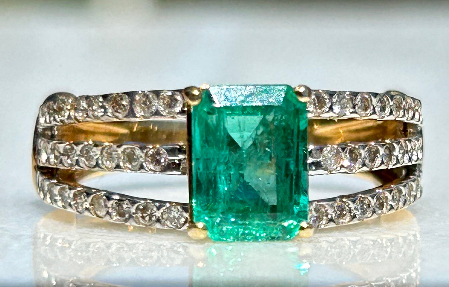 1.54 Emerald 18K Yellow Gold and Diamond Accented Triple Split Band Ring