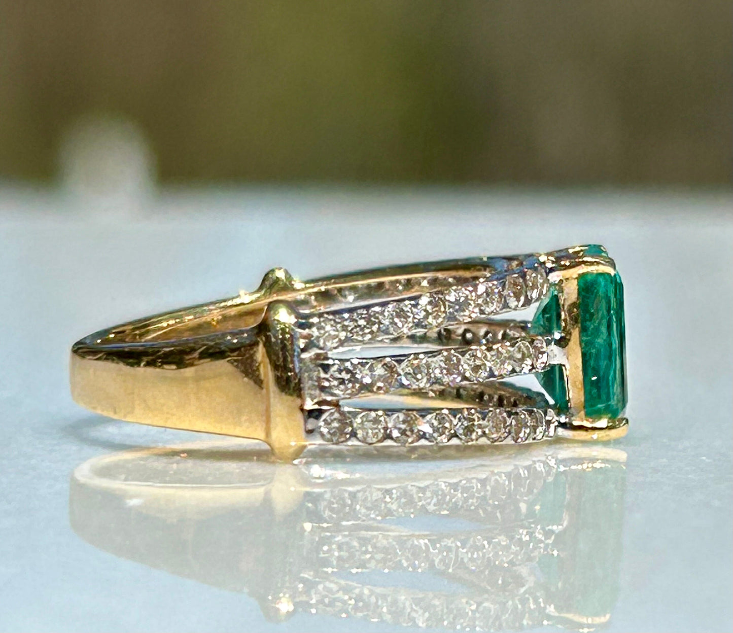 1.54 Emerald 18K Yellow Gold and Diamond Accented Triple Split Band Ring