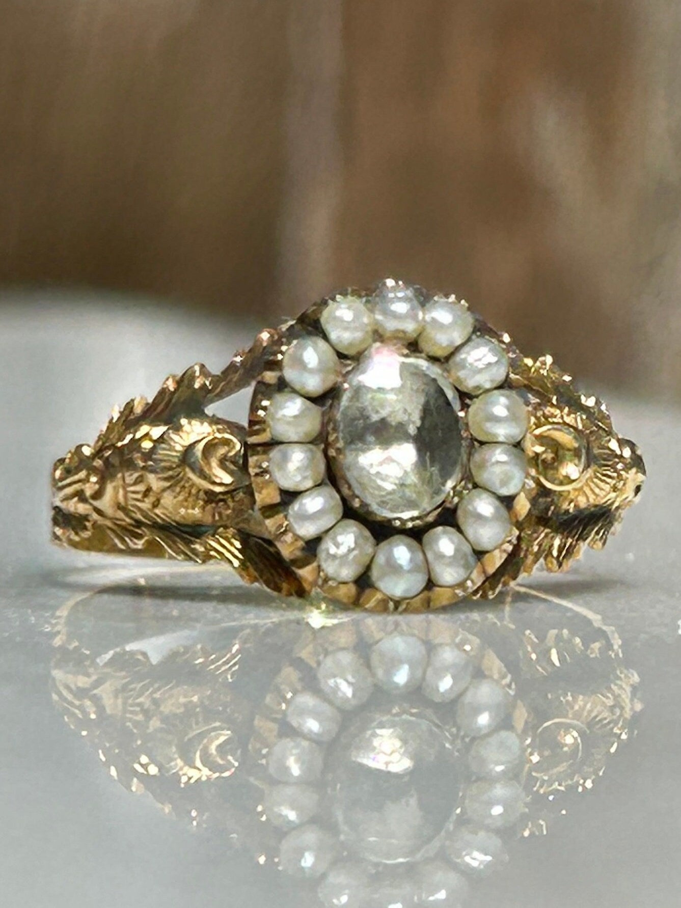 Georgian Aquamarine Natural Sea Pearl Halo 18k gold ring