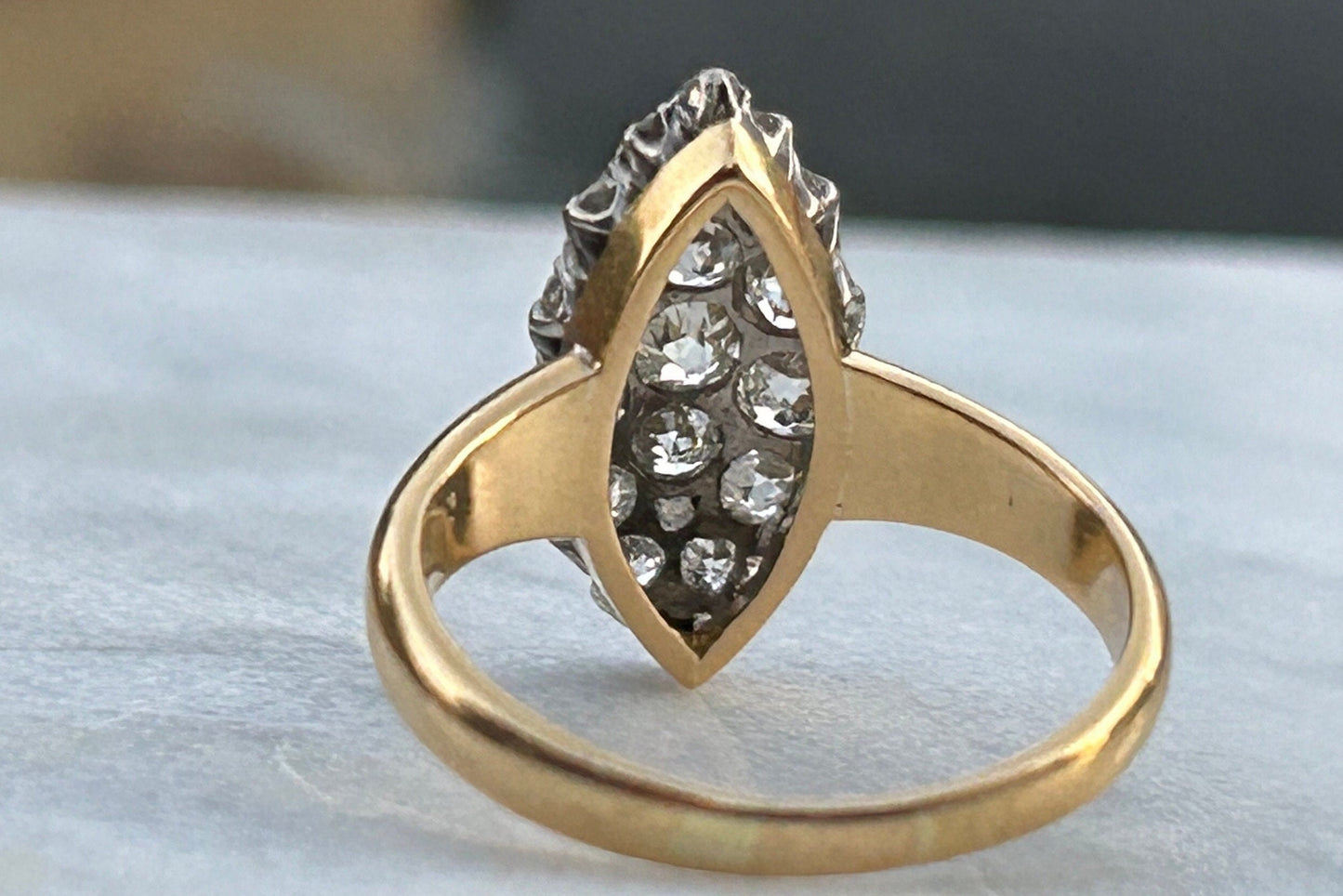 Antique Victorian Old Minue Cut Diamond 1.5ctw Navette Ring 18k and 22k gold