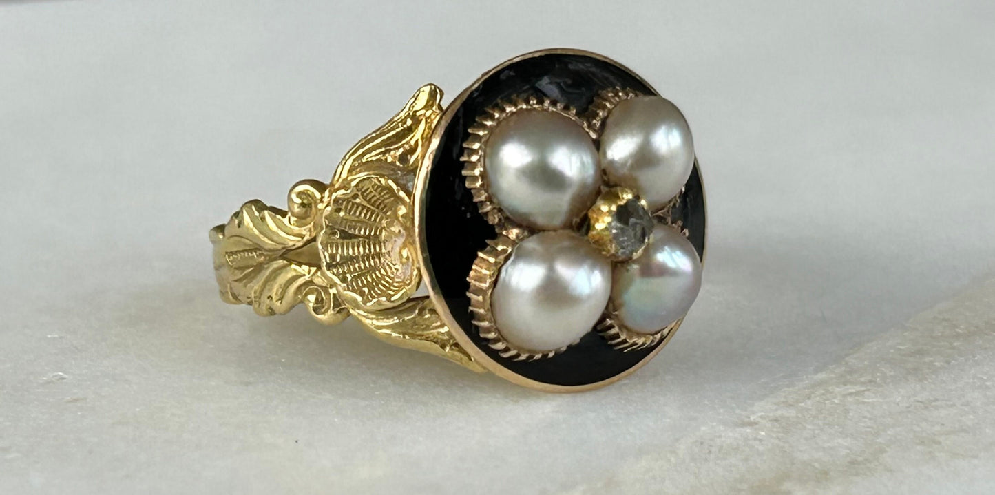 Georgian Natural Pearl, Enamel and Diamond Mourning ring 18k Gold