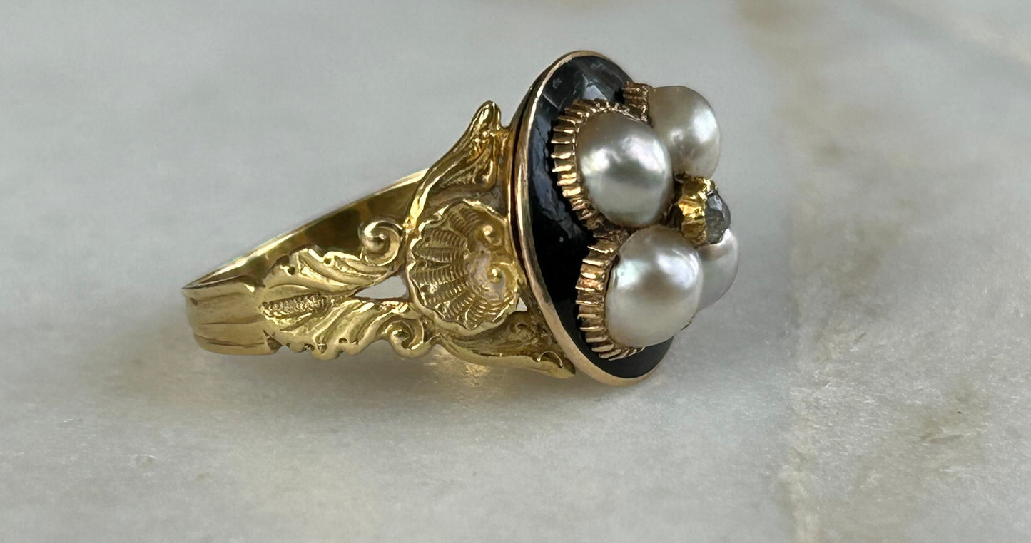 Georgian Natural Pearl, Enamel and Diamond Mourning ring 18k Gold