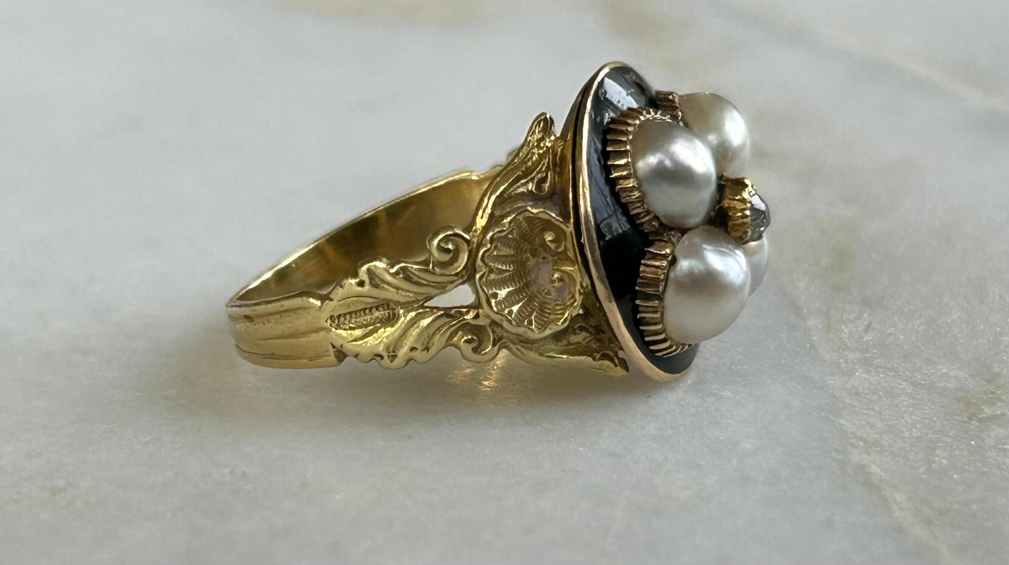 Georgian Natural Pearl, Enamel and Diamond Mourning ring 18k Gold