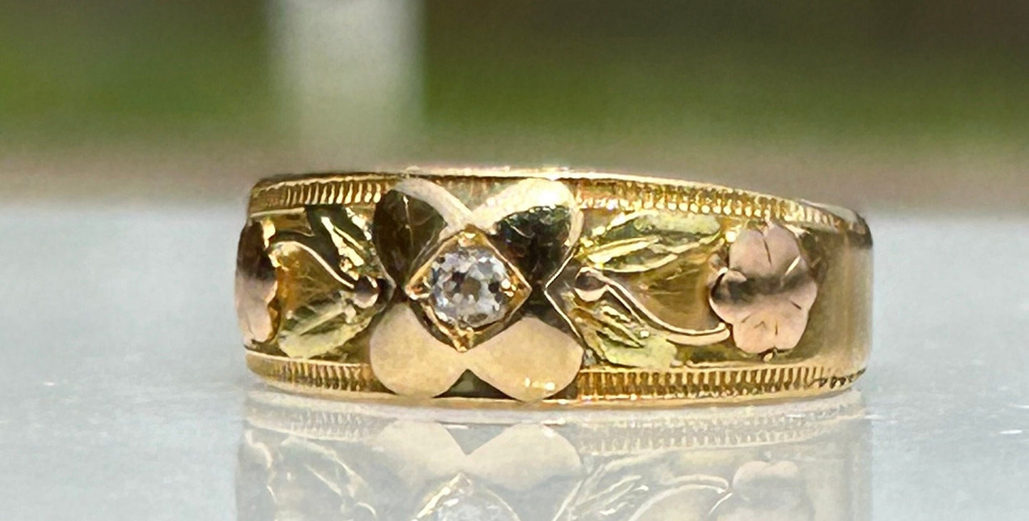 18k Yellow, Green and Rose Gold Floral and Rose Cut Diamond Band