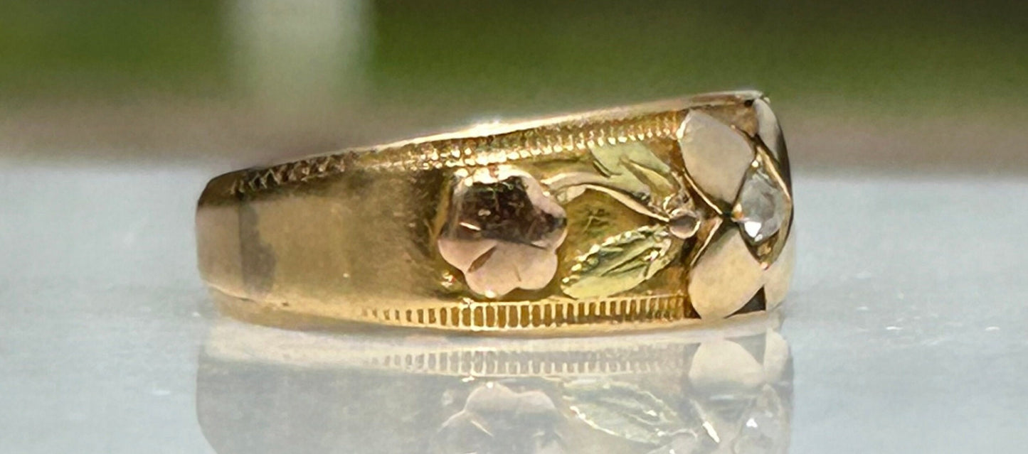 18k Yellow, Green and Rose Gold Floral and Rose Cut Diamond Band