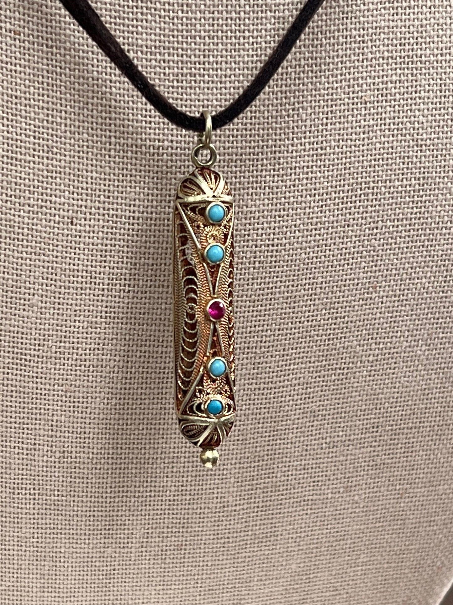 Victorian Turquoise and Ruby Filigree Pendant 14k