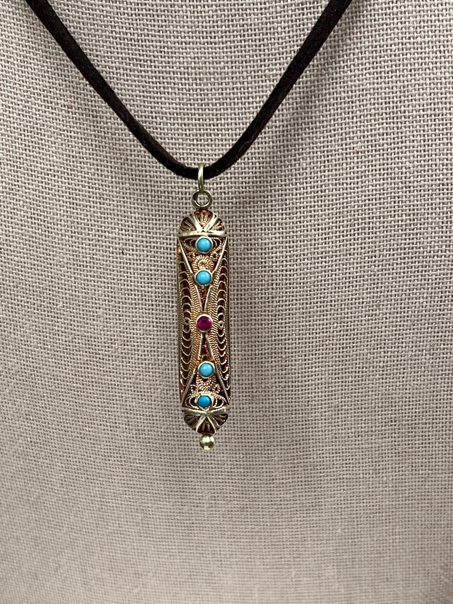 Victorian Turquoise and Ruby Filigree Pendant 14k