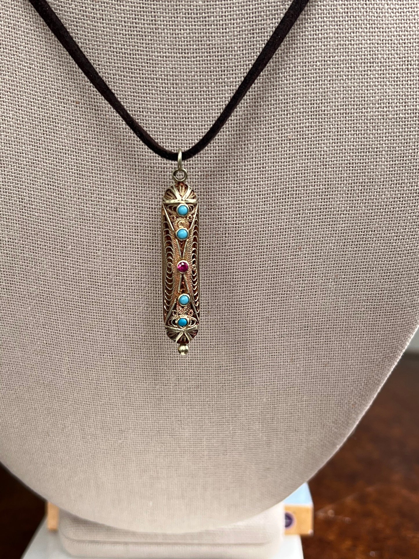 Victorian Turquoise and Ruby Filigree Pendant 14k