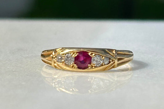 Victorian Ruby and Diamond 5 Stone Boat Ring 18k Gold