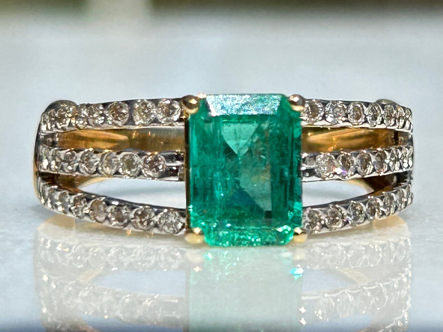 1.54 Emerald 18K Yellow Gold and Diamond Accented Triple Split Band Ring