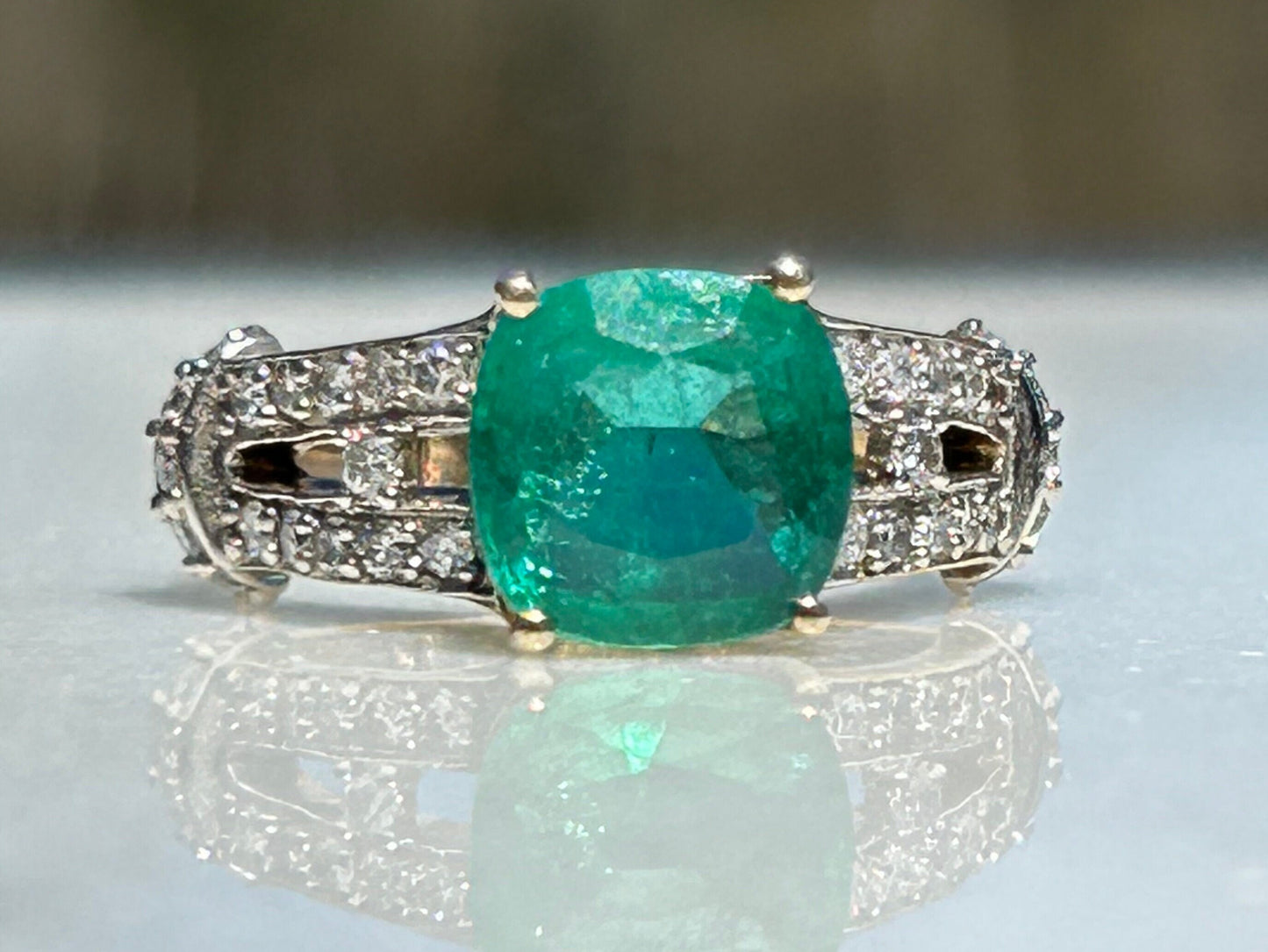 2.5 Ct Cushion Cut Natural Emerald and .50 ctw Diamond Ring