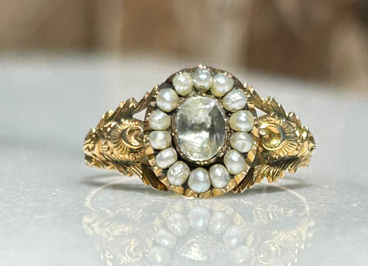 Georgian Aquamarine Natural Sea Pearl Halo 18k gold ring