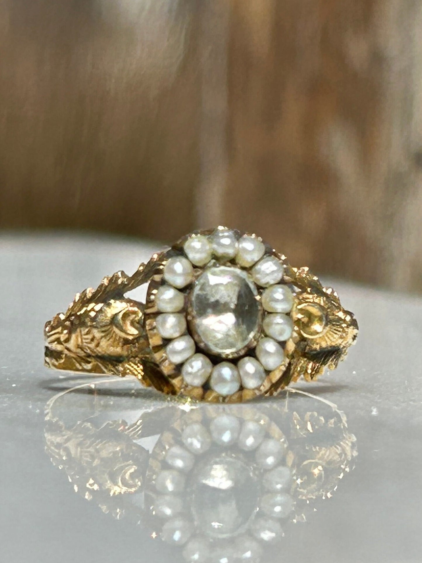 Georgian Aquamarine Natural Sea Pearl Halo 18k gold ring