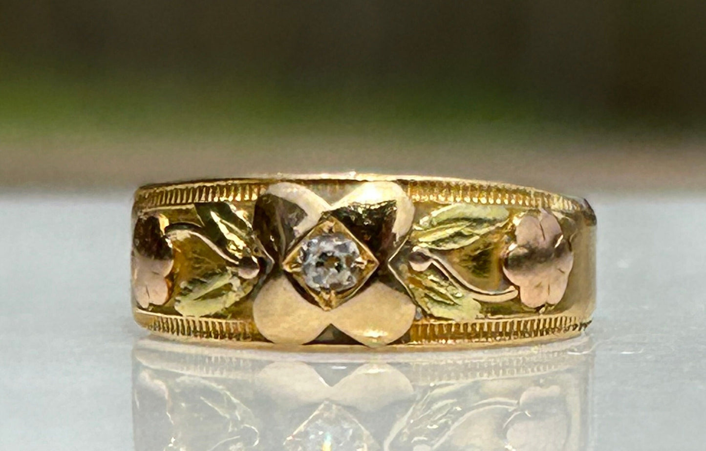 18k Yellow, Green and Rose Gold Floral and Rose Cut Diamond Band