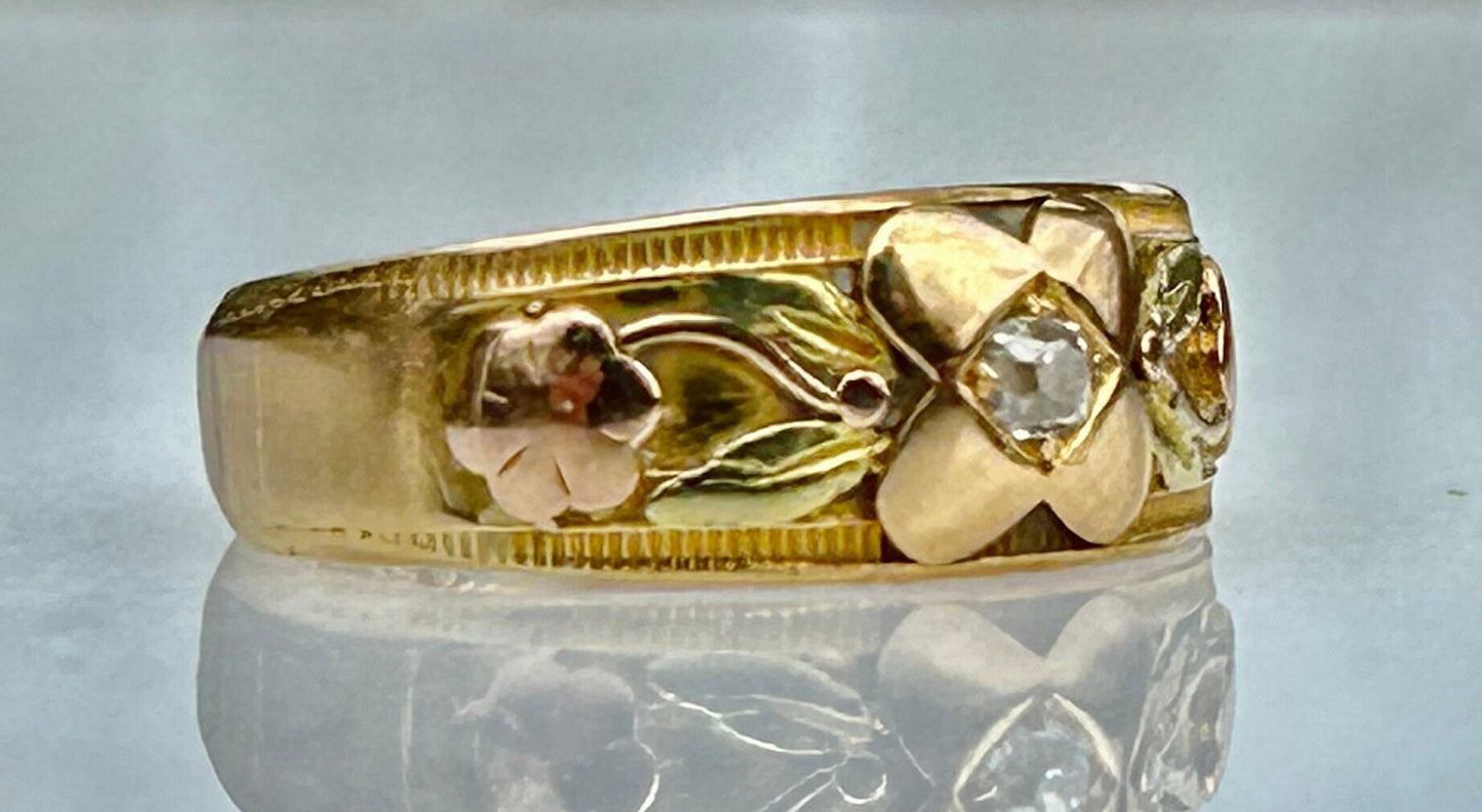 18k Yellow, Green and Rose Gold Floral and Rose Cut Diamond Band