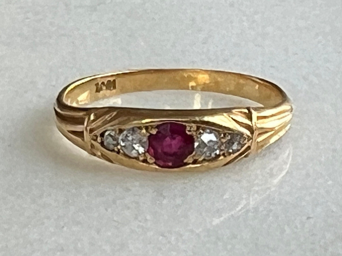 Victorian Ruby and Diamond 5 Stone Boat Ring 18k Gold