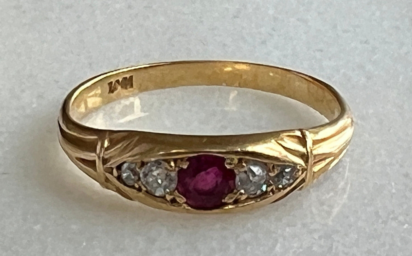 Victorian Ruby and Diamond 5 Stone Boat Ring 18k Gold