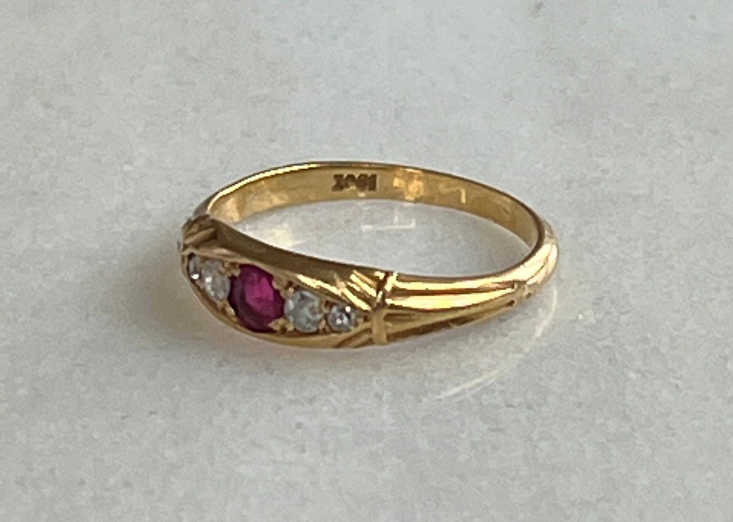 Victorian Ruby and Diamond 5 Stone Boat Ring 18k Gold