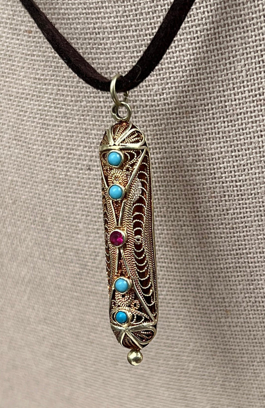 Victorian Turquoise and Ruby Filigree Pendant 14k