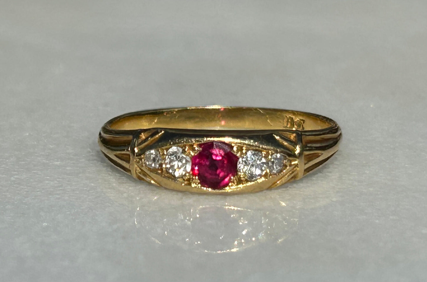 Victorian Ruby and Diamond 5 Stone Boat Ring 18k Gold