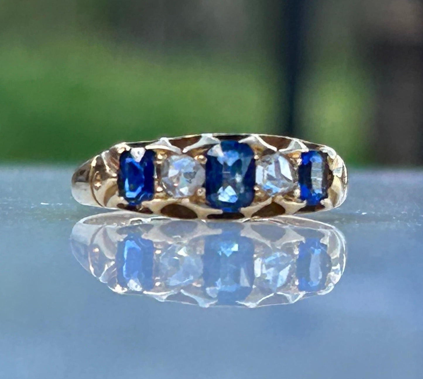 Victorian Sapphire and Rose Cut Diamond Ring 18k Gold