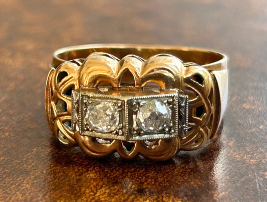 1940S 18k French Gold and Platinum French 2-Stone Old Mine Cut Diamond Ring