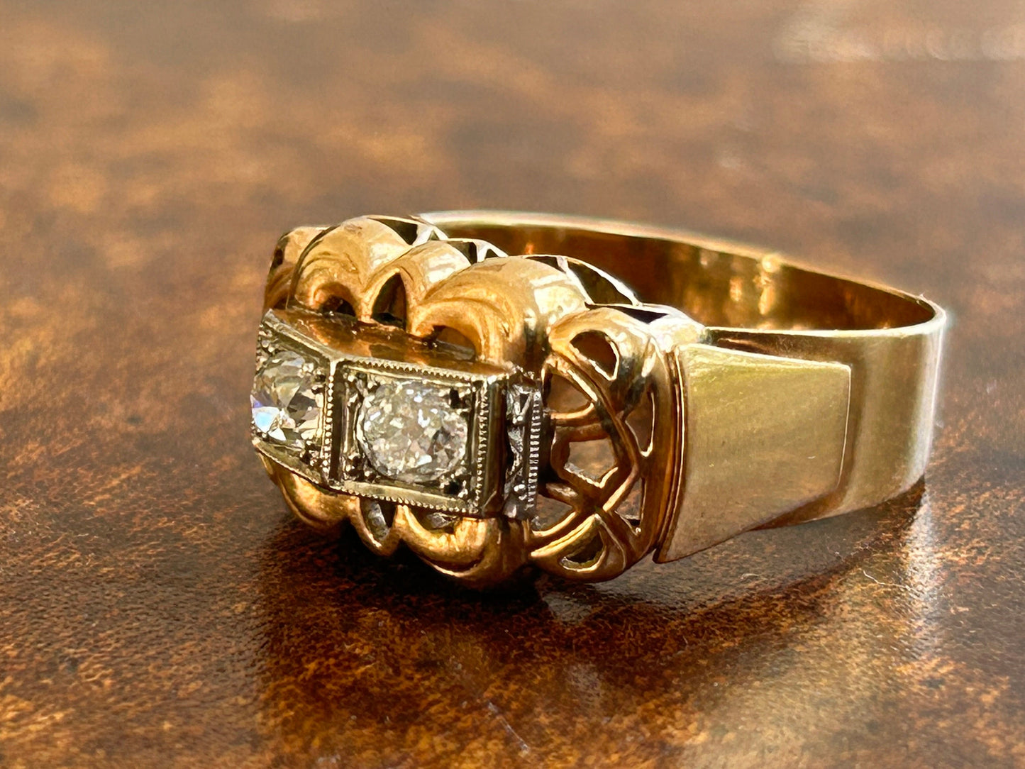 1940S 18k French Gold and Platinum French 2-Stone Old Mine Cut Diamond Ring