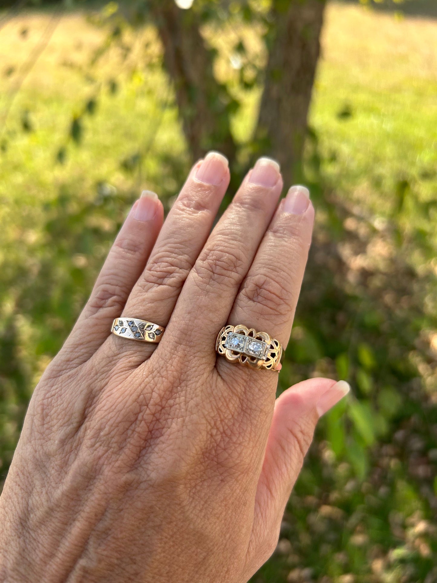 1940S 18k French Gold and Platinum French 2-Stone Old Mine Cut Diamond Ring