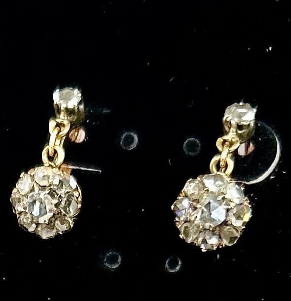 Victorian Rose Cut Diamond Earrings 18k Gold and Platinum .85 total carat weight