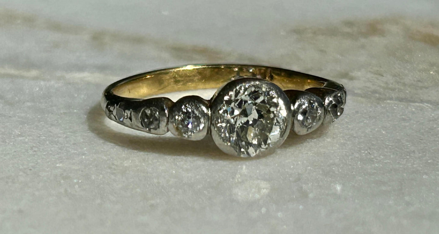 Edwardian Old Mine Cut 9 stone 18k and Platinum Ring Size 3.75