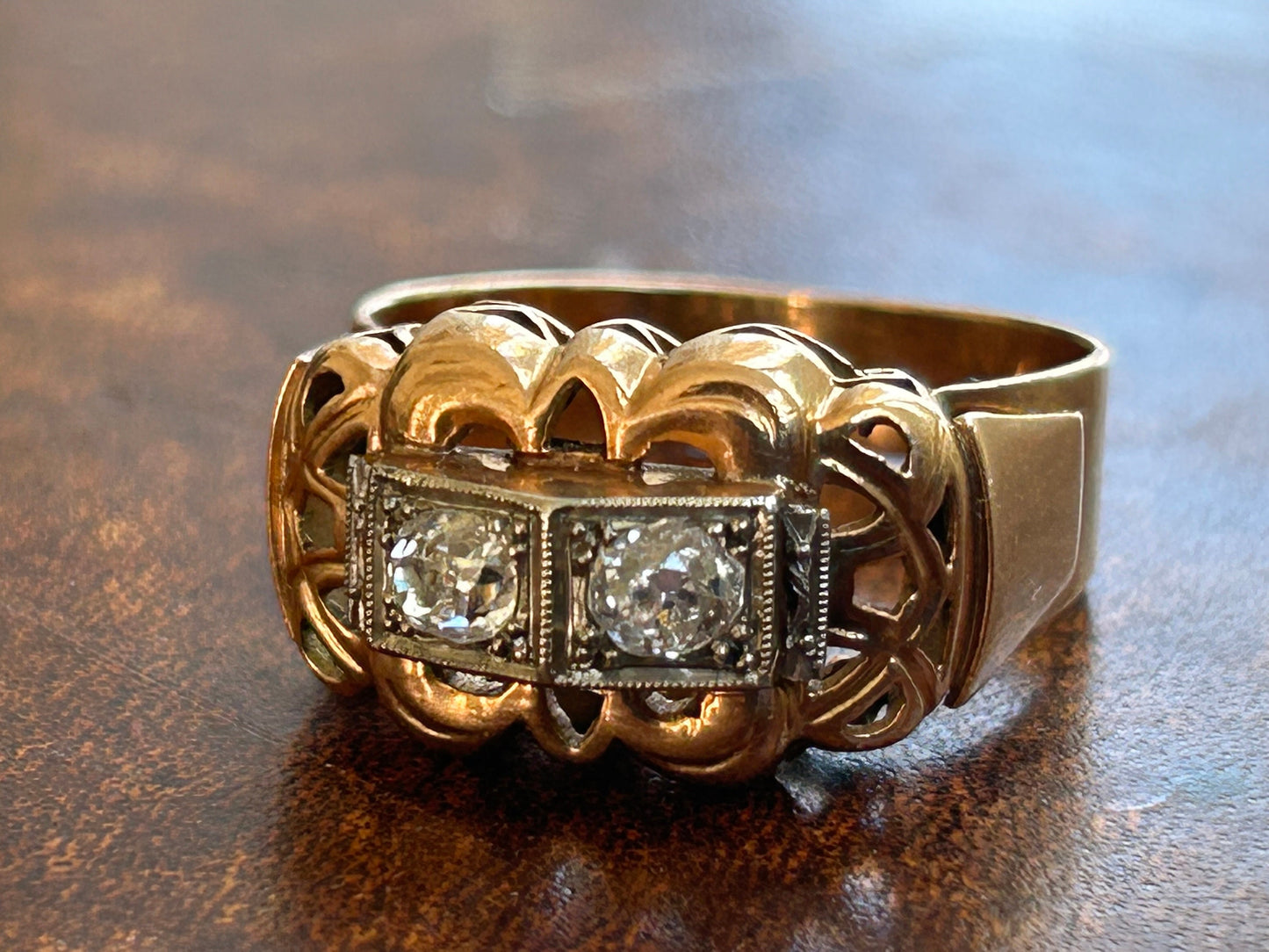 1940S 18k French Gold and Platinum French 2-Stone Old Mine Cut Diamond Ring