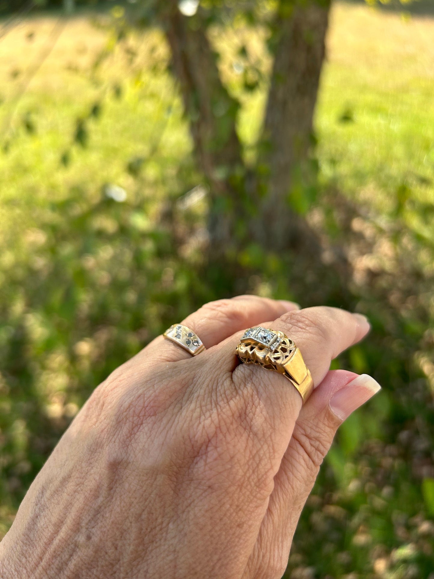 1940S 18k French Gold and Platinum French 2-Stone Old Mine Cut Diamond Ring